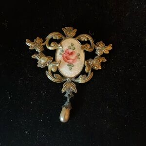 Unsigned Coro Brooch Guilloche Rose Hand Painted Cut Metal Floral Wedding